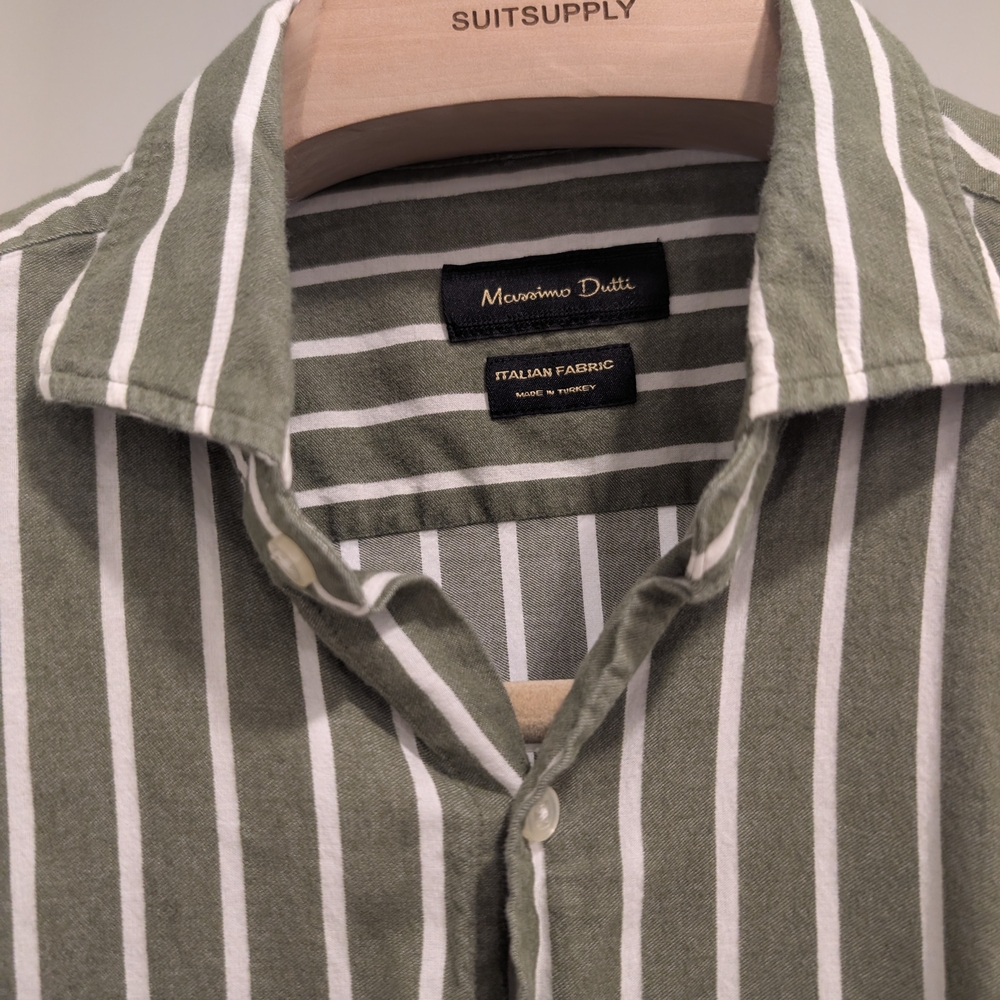 Massimo Dutti Olive and White Striped Men's Shirt